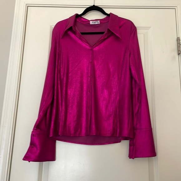 Metallic Shiny Pink/Magenta Button Down Blouse - Picture 2 of 5